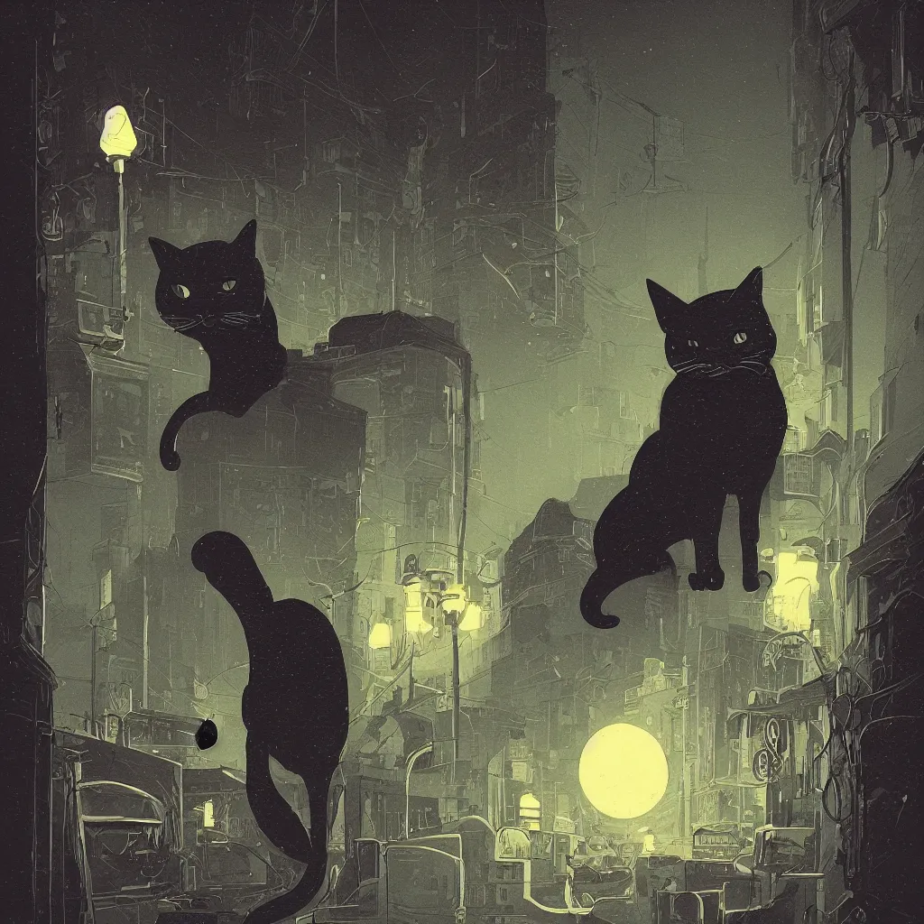 Image similar to concept portrait of cat staring contemptuously at people, dark atmosphere, lovecraftian background, lynchian atmosphere, film noir, artstation, art by petros afshar, tom whalen, laurie greasley and greg rutkowski and ilya kuvshinov