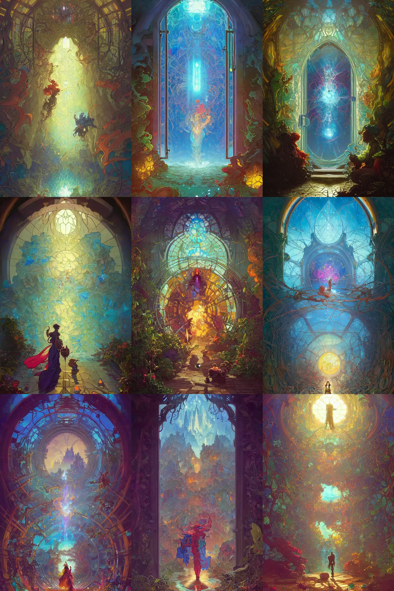 Prompt: portal to another world, glass wall, large gate, highly saturated colors, Dan Mumford, Peter Mohrbacher, thomas kindkade, alphonse mucha, loish, norman rockwell, johnny, Vincenzo Riccardi, Naranbaatar Ganbold greg rutkowski, trending on artstation, concept art