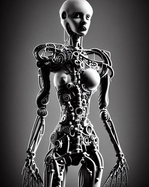 Image similar to mythical black and white organic bio-mechanical stick figure. Waving an axe into the camera. detail of mechanical beautiful female angelic-vegetal-cyborg, highly detailed, intricate steampunk ornate, poetic, 3D render, digital art, octane render, 8K artistic photography, photo-realistic, by Dora Maar