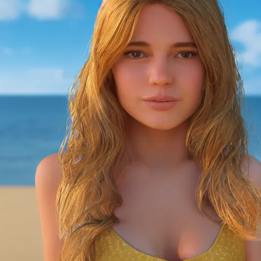 Prompt: Render of a very beautiful film star, long hair, hazel eyes, cute freckles, full round face, short smile, cute sundress, golden hour, serene beach setting, medium shot, mid-shot, highly detailed, trending on Artstation, Unreal Engine 4k