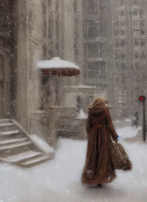 Image similar to back of emma stone in beige coat, walking into new york apartment building in winter, opening door, building entrance, snow, zoomed out, artwork by gaston bussiere, craig mullins, trending on artstation