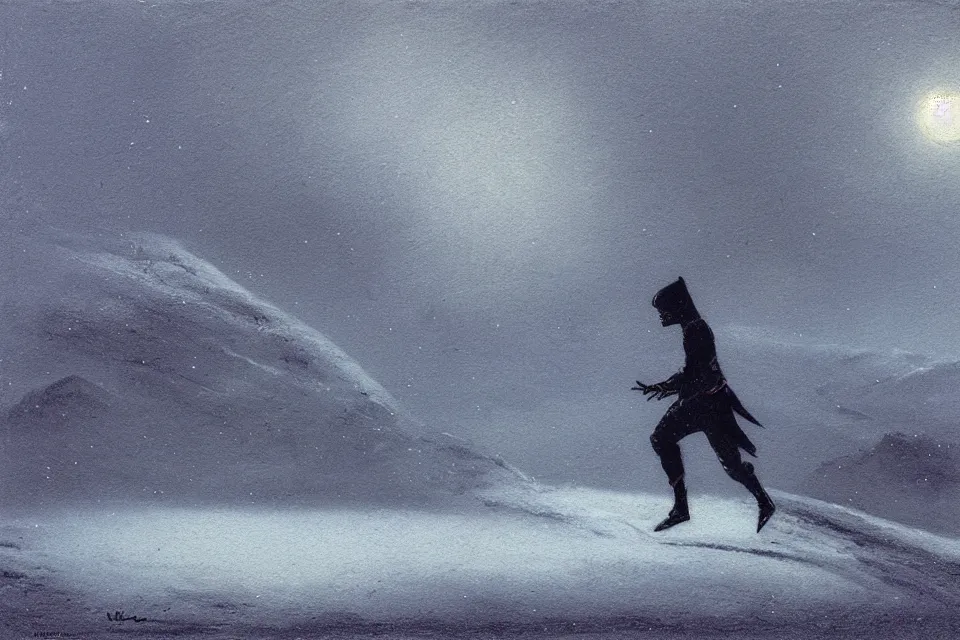 Prompt: atmospheric nightscene of a ninja running through a snow field by john harris