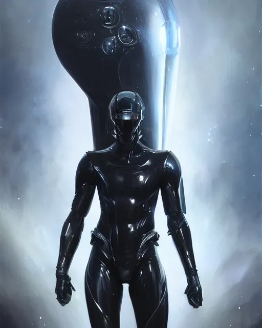 Image similar to iridescent sinewy smooth muscular male sleek glossy black pearlescent scifi armor with smooth black featureless helmet, by greg rutkowski, mark brookes, jim burns, tom bagshaw, magali villeneuve, eve ventrue, trending on artstation