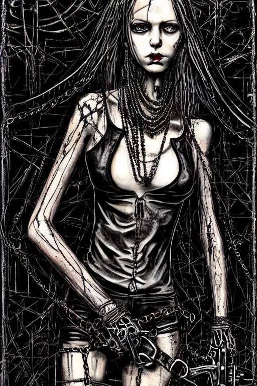 Image similar to dreamy gothic girl, black leather slim clothes, chains, chainsaw, beautiful slim body, detailed acrylic, grunge, intricate complexity, by dan mumford and by alberto giacometti, peter lindbergh