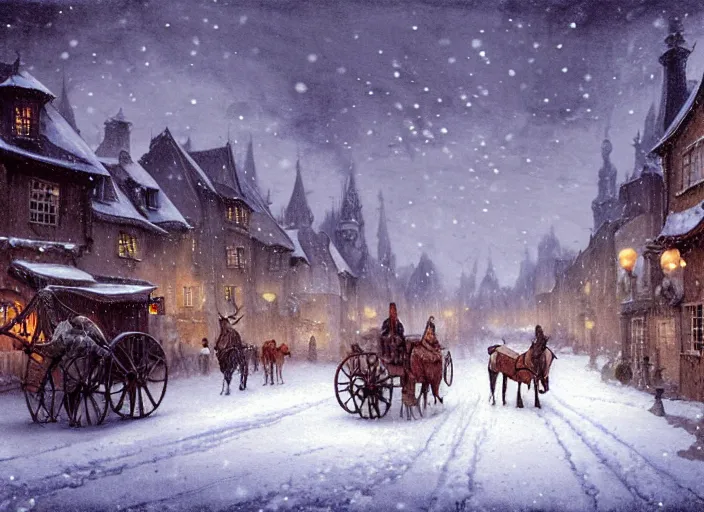 Image similar to a night scene of a snowy town with a horse drawn carriage, a detailed matte painting by anton pieck, deviantart contest winner, fantasy art, concept art, official art, matte drawing