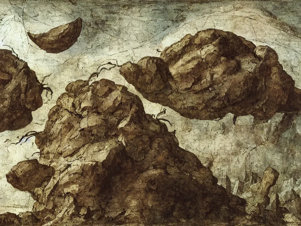 Prompt: dream bot mothership crashed into the icy mountains, wind sculpted boulder. painting by leonardo da vinci