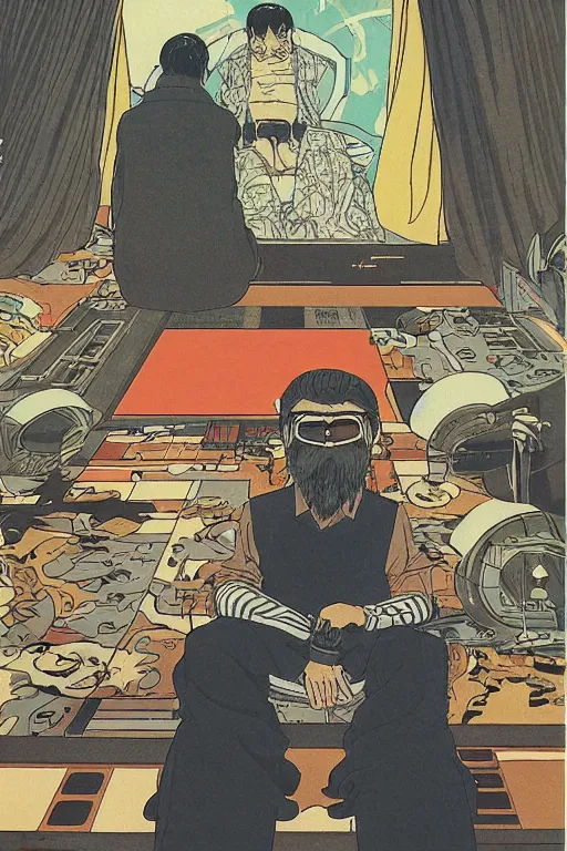 Image similar to awe-inspiring 1980s Japanese cyberpunk style illustration of a grandfather with a beard sitting on the floor by Masamune Shiro and Katsuhiro Otomo, studio ghibli color scheme, dark, complex