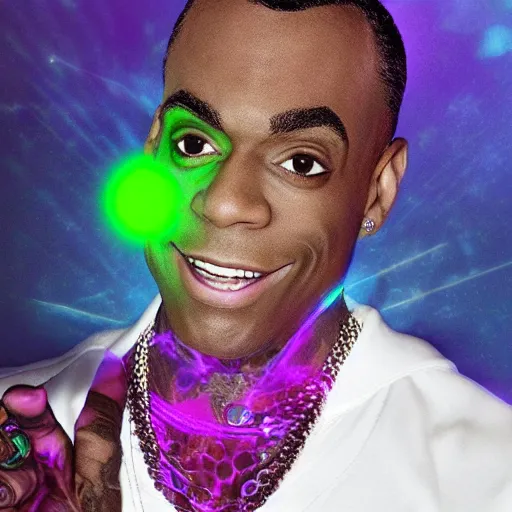 Image similar to soulja boy with glowing green magic, realistic