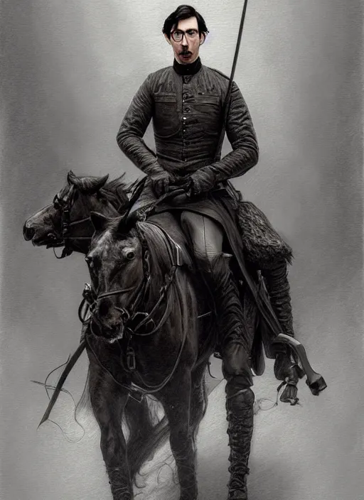 Image similar to painting of john oliver and adam driver together, riding horse, stoic, full body, military uniform, fantasy, intricate, elegant, beautiful, highly detailed, charcoal, centered, dark, smokey, digital painting, artstation, concept art, smooth, sharp focus, illustration, art by artgerm, art by greg rutkowski, art by alphonse mucha
