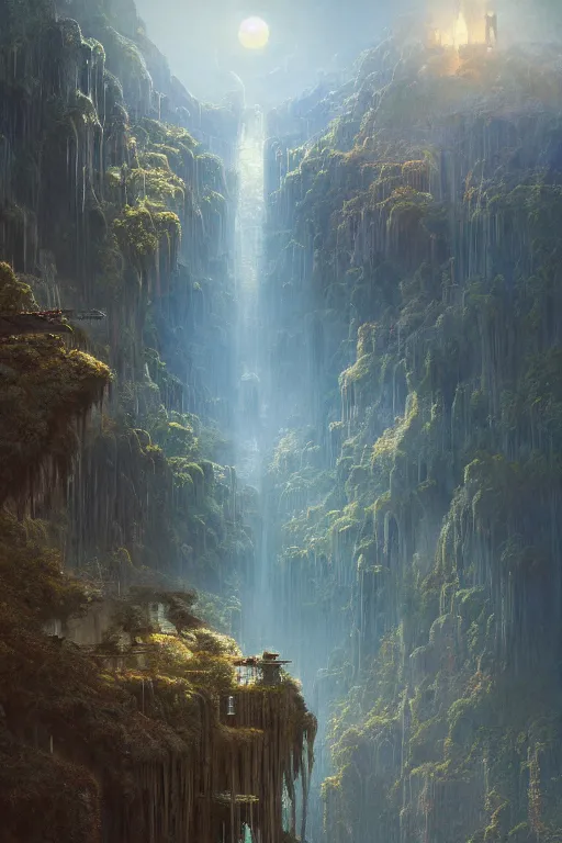 Prompt: amazing concept painting, by Jessica Rossier and HR giger and Beksinski, Rivendell, terraces, hallucination, garden of eden