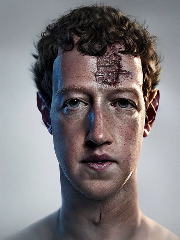 Image similar to portrait of a mark zuckerberg, skin peeling away to reveal reptile skin, art by ryo shiotani and greg rutkowski, intricate, beautiful, cinematic lighting, vintage art by serge ivanoff, high resolution, very detailed