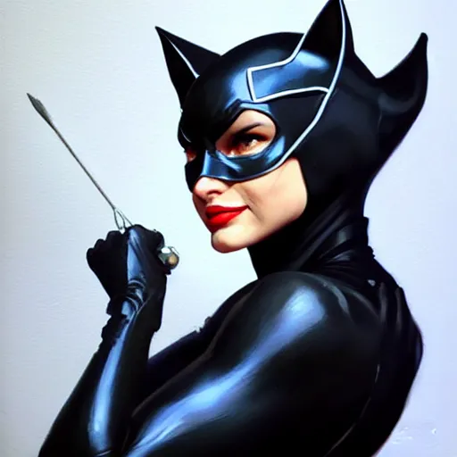 Image similar to Greg Manchess portrait painting of Catwoman as Overwatch character, medium shot, asymmetrical, profile picture, Organic Painting, sunny day, Matte Painting, bold shapes, hard edges, street art, trending on artstation, by Huang Guangjian and Gil Elvgren and Sachin Teng