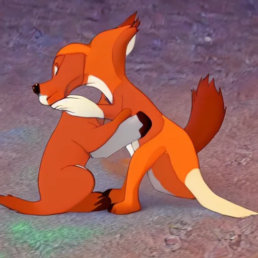 Image similar to “Dinsey’s the fox and the hound hugging eachother, cartoon, unreal engine”