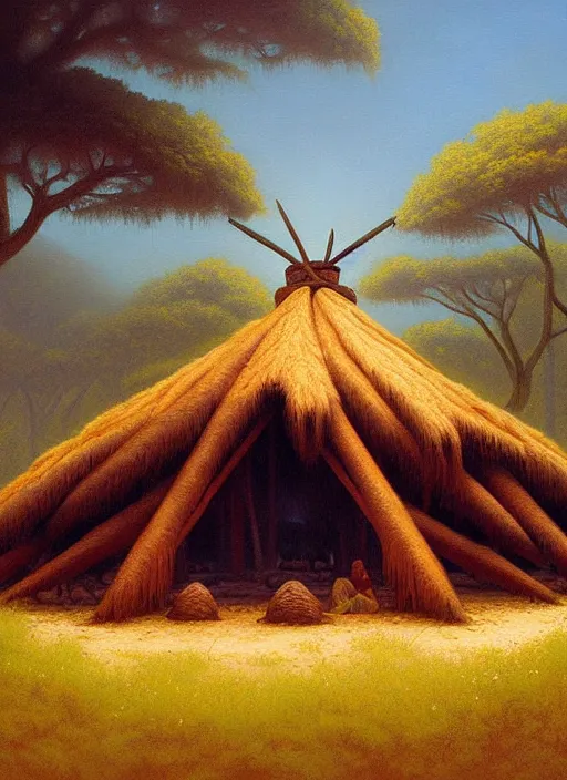 Prompt: a painting of an indigenous sweat lodge hut, beautiful colors, matte painting, by christophe vacher