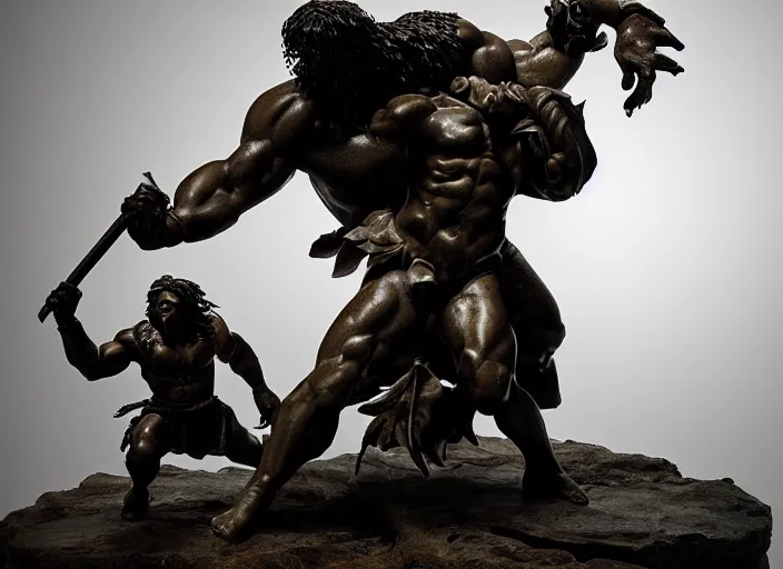 Image similar to a full figure rubber sculpture of conan the barbarian fighting a giant troll, by Michelangelo, dramatic lighting, foggy atmosphere, rough texture, subsurface scattering, wide angle lens