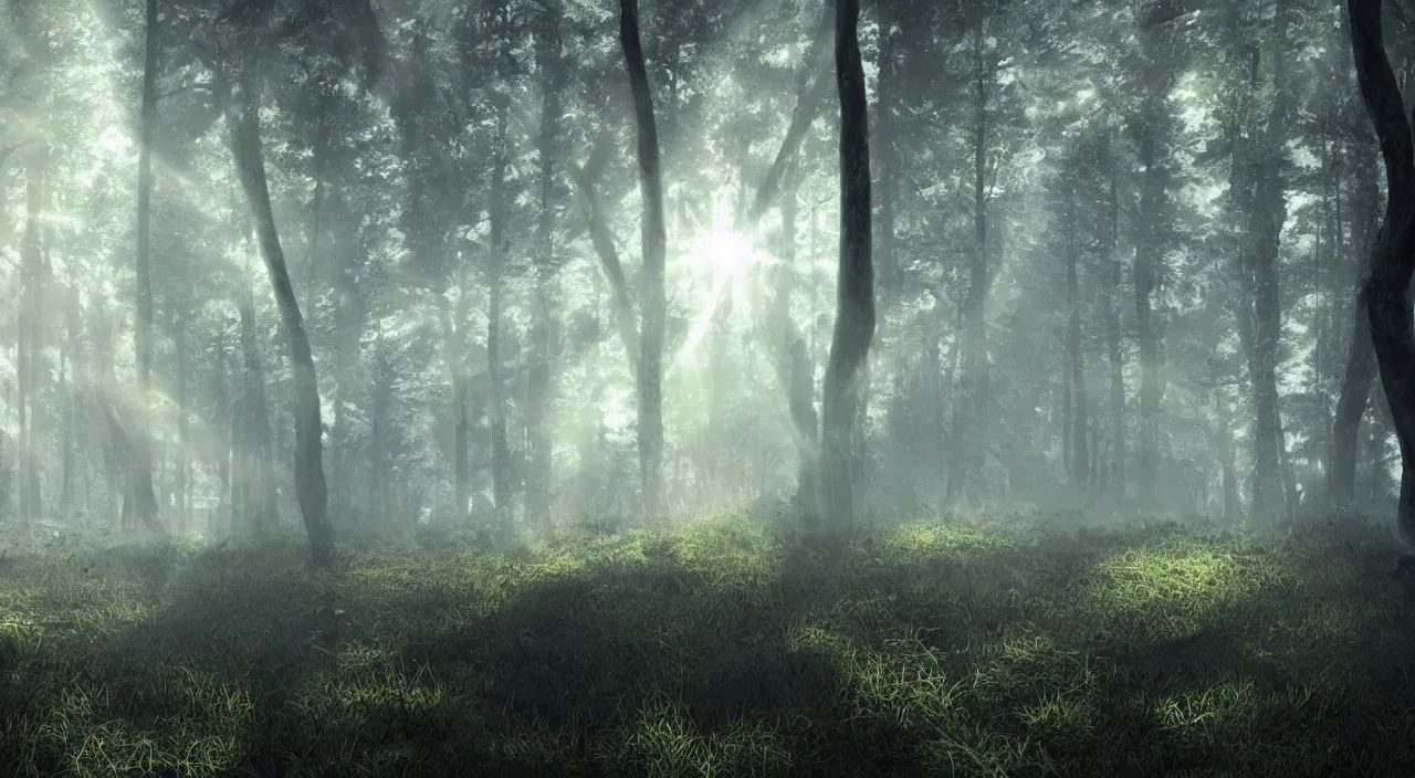 Image similar to forest mist sun beams mysterious scary deep dark hyper realistic detailed digital art octane render
