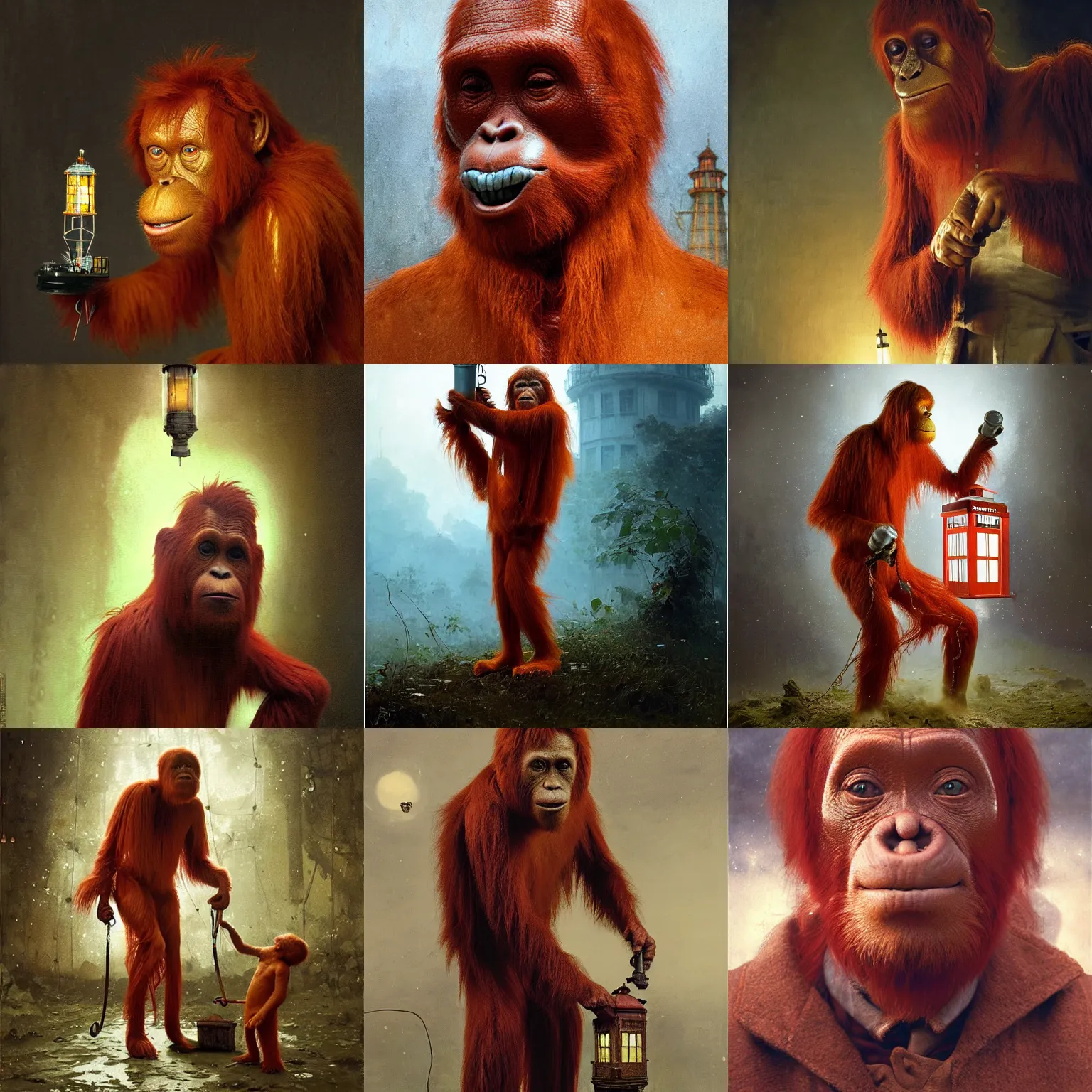 Prompt: portrait of a red orangutan as doctor who shaking lighthouse toy, photo realistic, highly detailed, perfect face, fine details, by carl spitzweg, ismail inceoglu, vdragan bibin, hans thoma, greg rutkowski, alexandros pyromallis