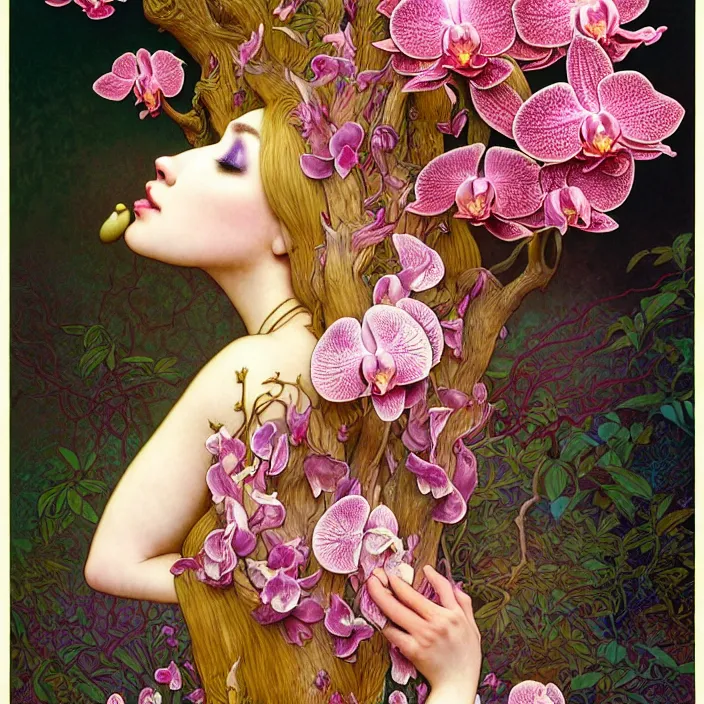 Prompt: psychedelic LSD animal, orchid, cherry blossom tree, mushrooms, diffuse lighting, fantasy, intricate, elegant, highly detailed, lifelike, photorealistic, digital painting, artstation, illustration, concept art, smooth, sharp focus, art by John Collier and Albert Aublet and Krenz Cushart and Artem Demura and Alphonse Mucha and Giuseppe Arcimboldo