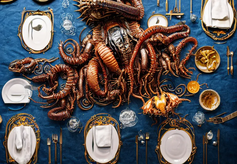 Prompt: an opulent banquet of food on a table covered with hissing cockroaches and huge spiky hermit crabs and massive shiny iridescent earthworms. magical blue glowing smoke drifts through the room. iridescent giger ’ s xenomorph. the thing. the blob. movie monsters. reclaimed lumber, detailed and intricate environment, hyperrealism, food photography, rembrandt