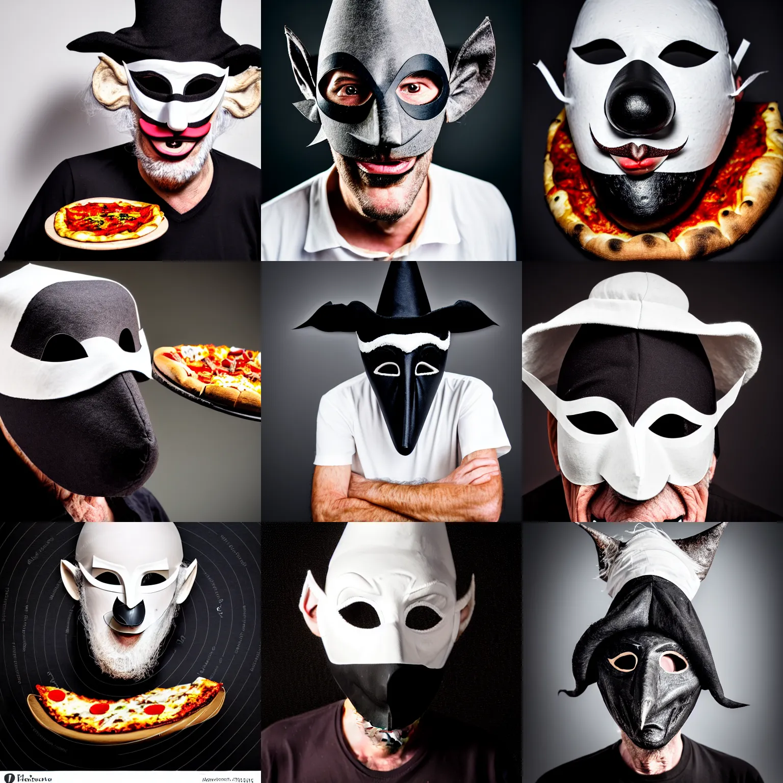 Prompt: portrait photo of an old scruffy man, sinister appearance, long nose, crooked nose, large mouth, black pulcinella masquerade mask, pointy conical hat, white wrinkled shirt, side view, presenting pizza, black background, close - up, skin blemishes, acclaimed, nikon 5 0 mm, expensive masterpiece