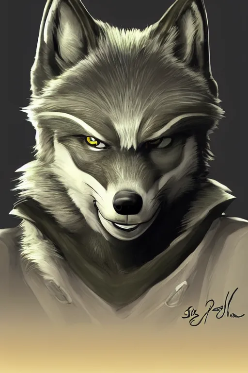 Prompt: a portrait of wolf o'donnell from star fox, artstation, illustration by silvio camboni, concept art, furry furaffinity