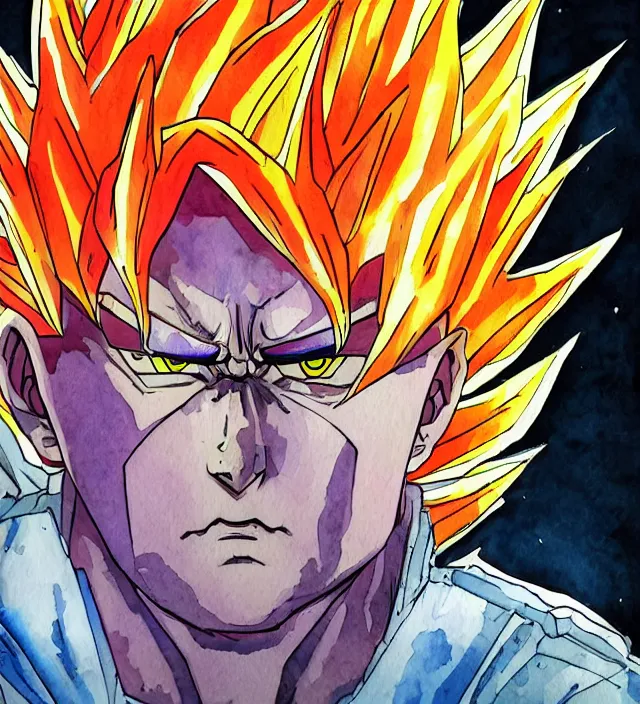 Image similar to a 3 / 4 view watercolor ink painting of super saiyan shaggy in the style of jean giraud in the style of moebius trending on artstation deviantart pinterest detailed realistic hd 8 k high resolution