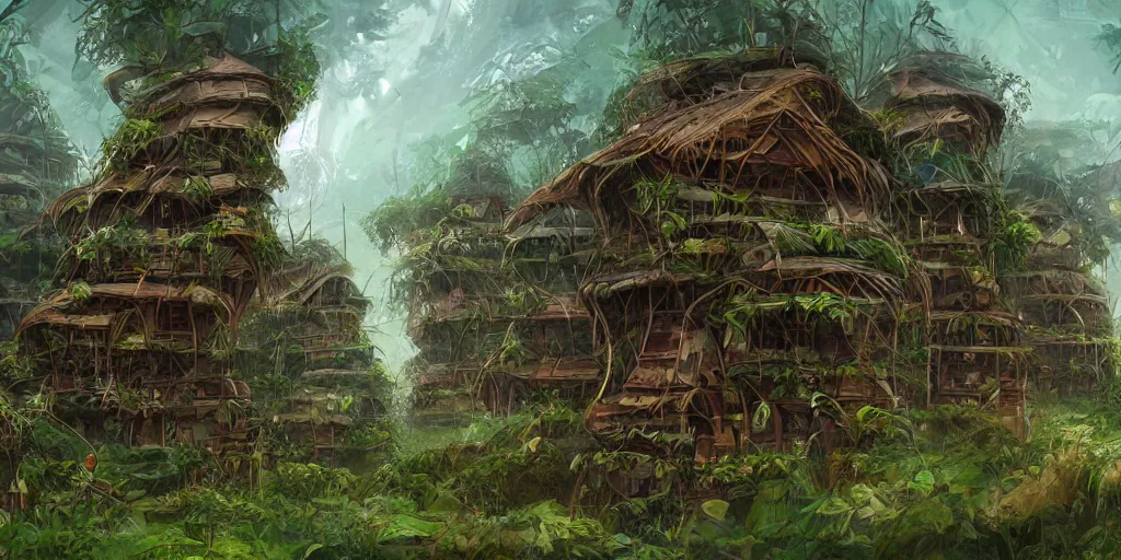 Image similar to long and tall organic houses, village, jungle, artstation, digital art