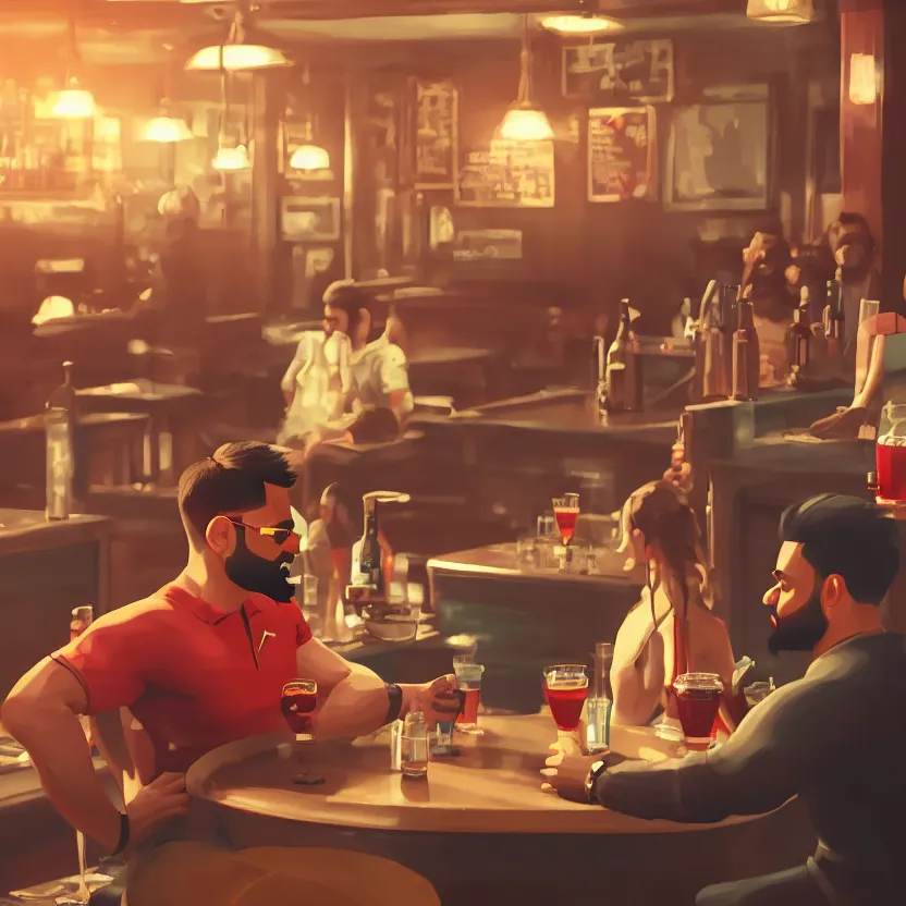 Prompt: virat kohli in a bar, with a huge belly, drinking heavily, cinematic, ultrarealistic, 8 k, unreal engine, by atey ghailan, artstation