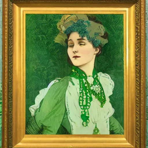 Prompt: An Edwardian woman wearing green clothes, in the style of Mucha