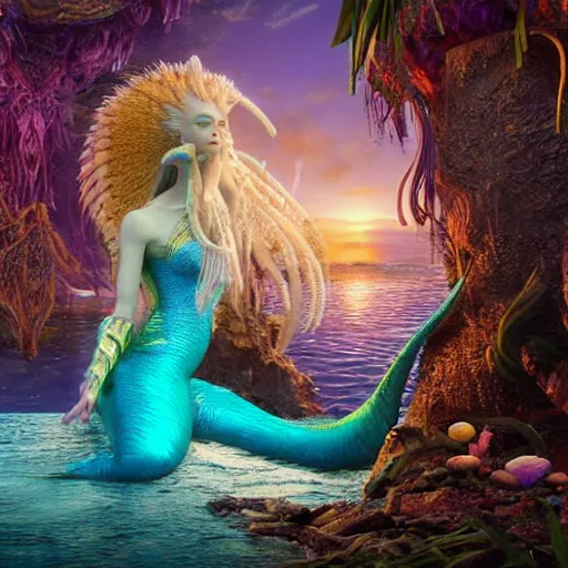 Image similar to unreal engine, octane render, intricate detail, gilbert williams portrait of tan sumerian mermaid goddess atargatis, with aqua neon rapunzel dreadlocks adorned in seashells, near crystal temple in atlantis, iridescent dolphins swimming in the sea, unicorn flying in the sky, paleozoic atlantis