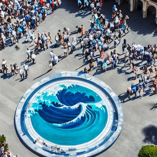 Image similar to A white and blue marble sculpture of The Great Wave off Kanagawa in the middle of an Italian piazza, midday, 4k photograph, sunny day, long shot, overhead view, far away