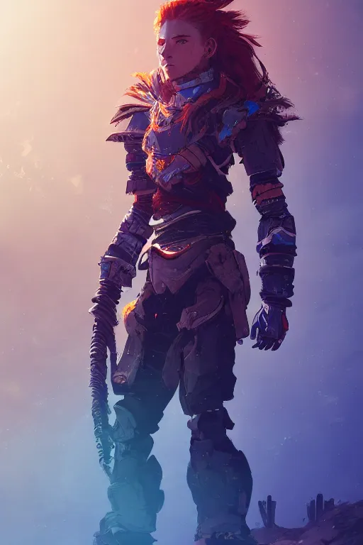 Image similar to combination suit armor aloy horizon forbidden west horizon zero dawn radiating a glowing aura global illumination ray tracing hdr fanart arstation by ian pesty and alena aenami artworks in 4 k tribal robot ninja mask helmet backpack