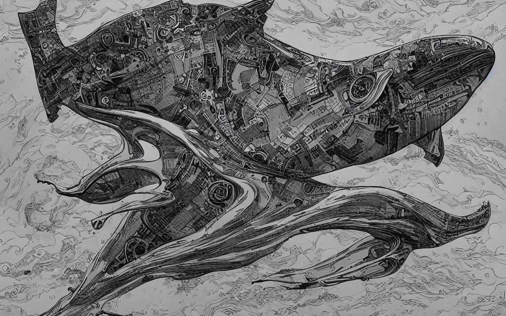 Image similar to biomechanical flying whale, in the style of james jean and laurie greasley, dynamic composition, dramatic lighting, hyper - realistic, ultra detailed