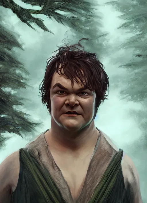 Prompt: A fantasy comic book style portrait painting of a jack black as a slender hobbit in a atmospheric forest setting, unreal 5, DAZ, hyperrealistic, octane render, RPG portrait, ambient light, dynamic lighting