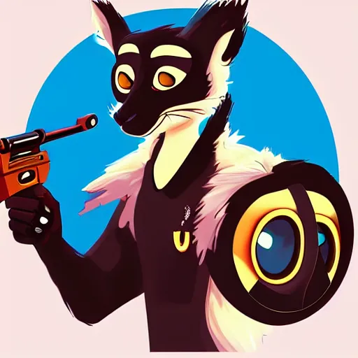 Image similar to “ logo of a lemur in the style of zootopia holding laser gun, with a black background, digital art, award winning, trending on art station, retro style ”