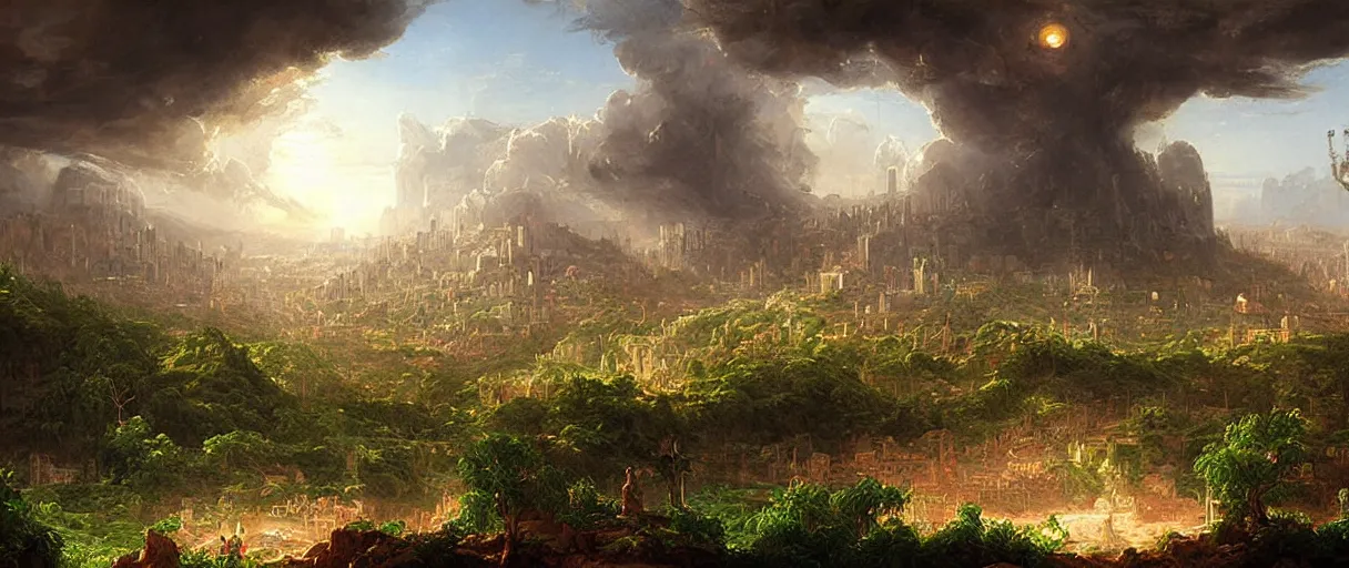 Prompt: a highly detailed painting of a post apocalyptic la in the style of thomas cole