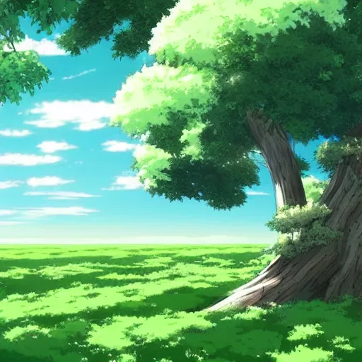 Image similar to big white whale flying near giant tree in the green field, anime, HD,