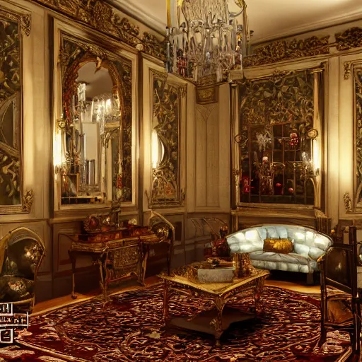 Prompt: cosy barock room full of ornament furniture, 8 k, trending on artstation