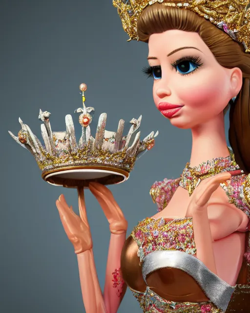 Image similar to highly detailed closeup, face profile portrait of a tin toy ivanka trump as a fairytale princess wearing a crown and eating cakes, bikini, depth of field, nicoletta ceccoli, mark ryden, lostfish, dan decarlo, bob clampett, max fleischer, breathtaking, detailed and intricate environment, 8 k resolution, hyperrealistic, octane render