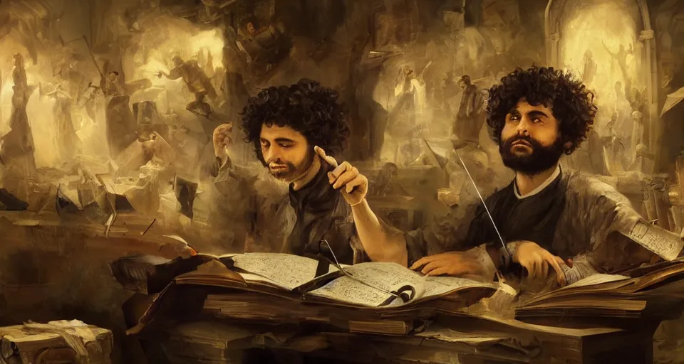 Prompt: the most epic painting of all time, a curly - haired persian guy composing the most epic symphony of minds, trending on artstation