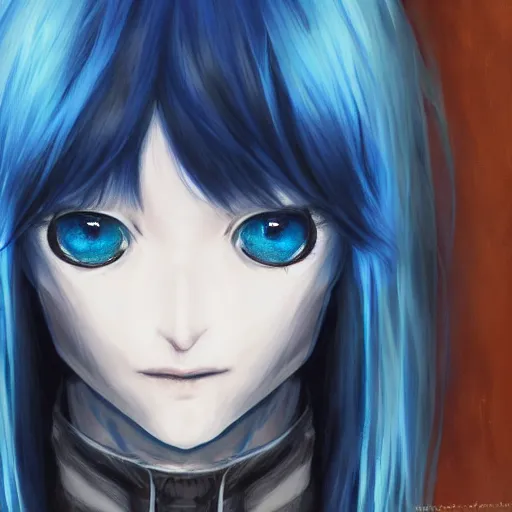 Prompt: full face shot of rimuru tempest, sky blue straight hair, long bangs, amber eyes, wearing a fancy black jacket, high collar, ultra detailed, brush strokes, digital painting, cinematic, wlop artstation, closeup, pixiv, eerie, scary, intimidating, evil, yoshitaka amano, junji ito,