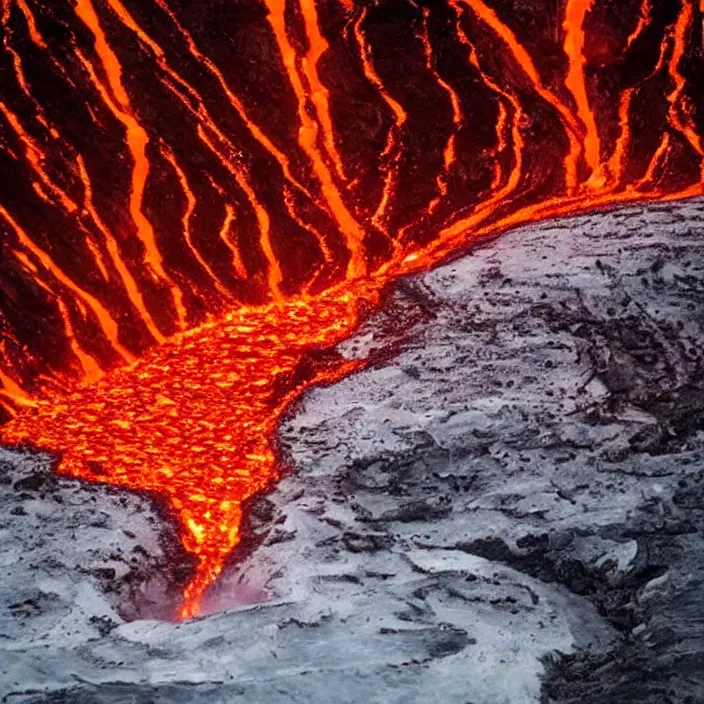 Prompt: wide angle shot of volcano in the form of the punisher icon with flowing fountains and rivers of lava. detailed, high art, intricate, artisan