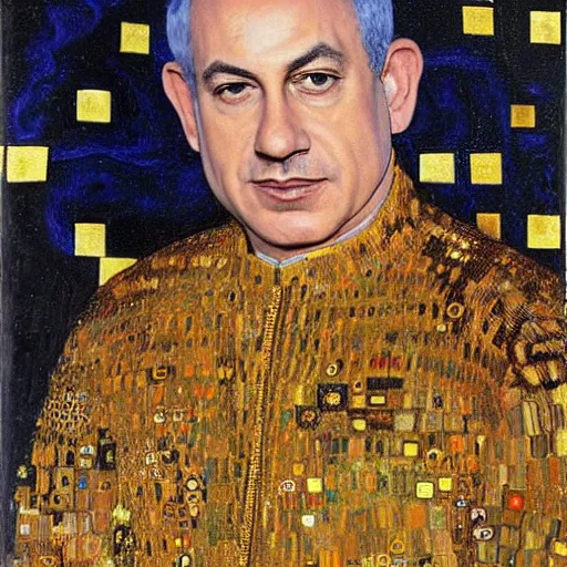 Image similar to a portrait of benjamin netanyahu wearing gold garbs and jewels, by gustave klimt