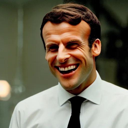 Image similar to Emmanuel Macron laughing in American Psycho (1999)