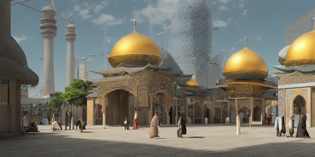 Prompt: Photorealistic solarpunk mosque in Tokyo, with great domes and arches, harmony with nature, people and androids wearing traditional japanese clothing. Hyperdetailed photorealism, UHD, amazing depth, glowing rich colors, golden ration, 3D octane cycle unreal engine 5, 3d shading, cinematic lighting, artstation concept art