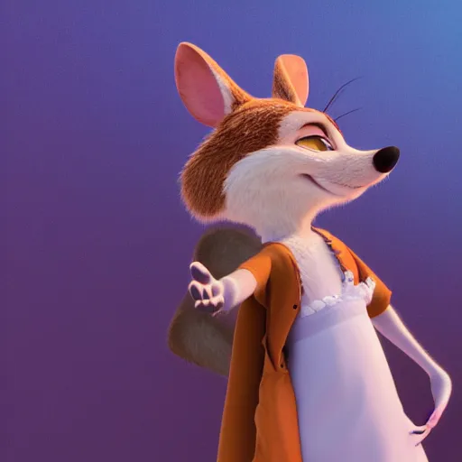 Image similar to 3 d render, portrait, headshot, closeup, anthropomorphic mouse, female, in a maxi white dress, in the style of zootopia, closeup