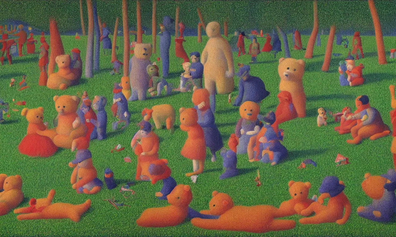 Image similar to a teddy bear birthday party, from the terrifying and incomprehensible beyond, body horror, by david hockney, seurat technicolor