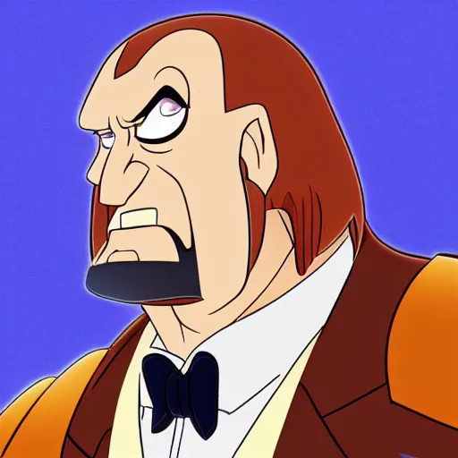 Image similar to Head-to-shoulder shot of Triple H as a Disney villain, Disney, cartoon, Disney style, 2d, drawn image, beautifully drawn, Disney 2d animation still, digital 2D animation, traditional animation, Disney style, Disney animation, Deviantart, very coherent symmetrical artwork, heroic look, artstation