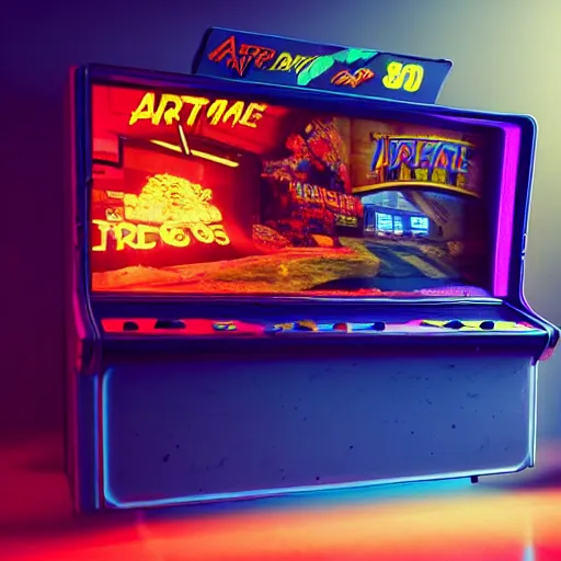 Image similar to 1990s arcade machine, octane render, unreal engine, digital art, Artstation, Trending on Artstation, Artstation HQ, Artstation HD, cgsociety, Pinterest, 8k , close up to the screen, godrays, volumetric, reflections, cinematic, epic, accurate, coherent, 3D Render,