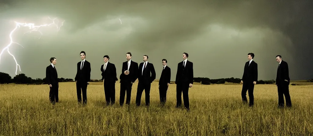 Image similar to 1 3 mm film photograph of a group of tall suited men in a field, liminal, dark, thunderstorm lightning, dark, flash on, blurry, grainy, unsettling